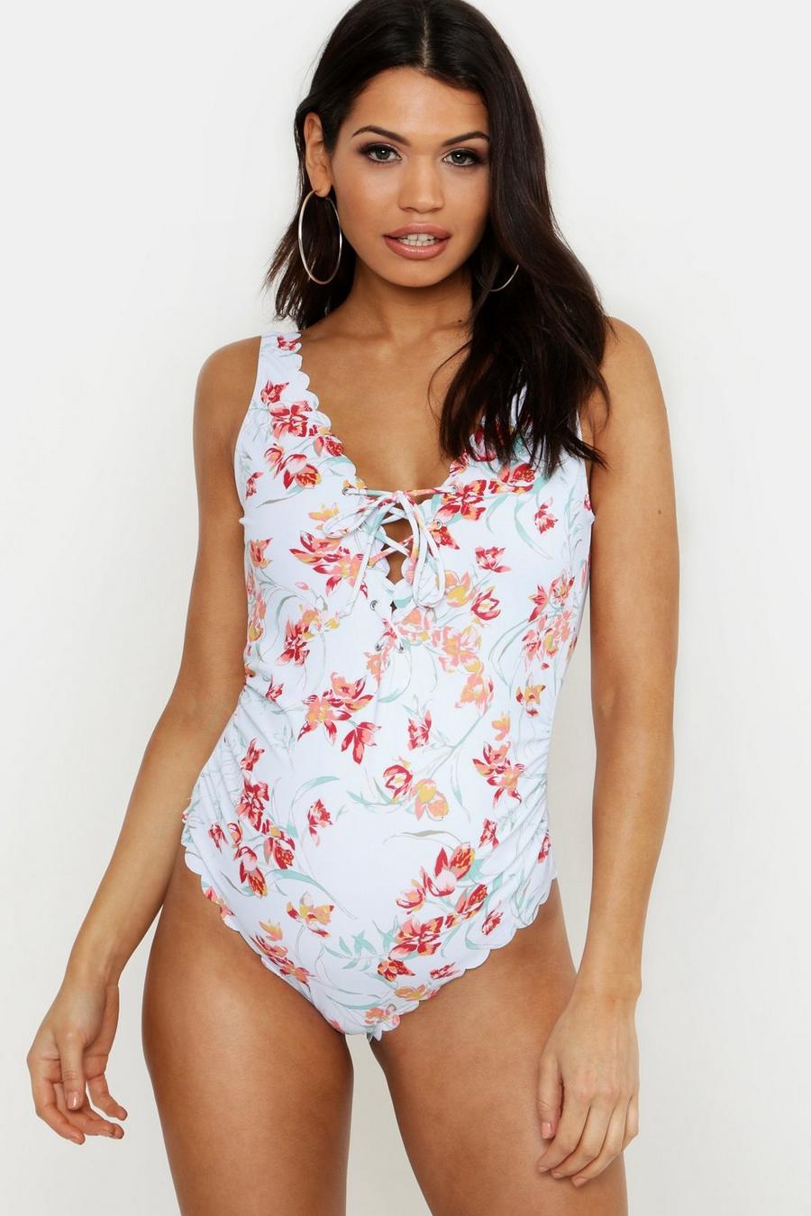 Maternity Pastel Floral Scallop Lace Up Swimsuit image number 1