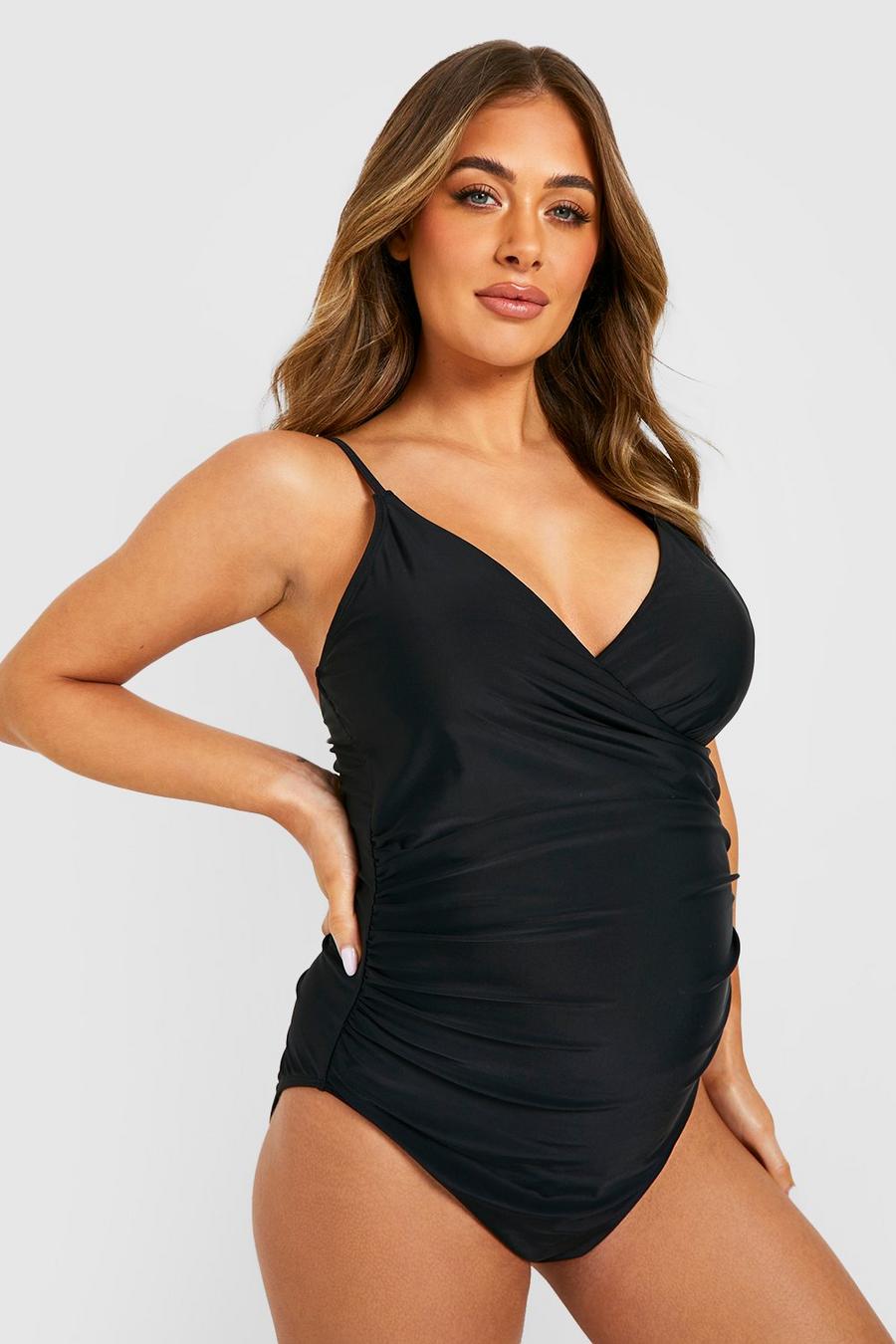Black svart Maternity Bump Control Wrap Over Swimsuit image number 1