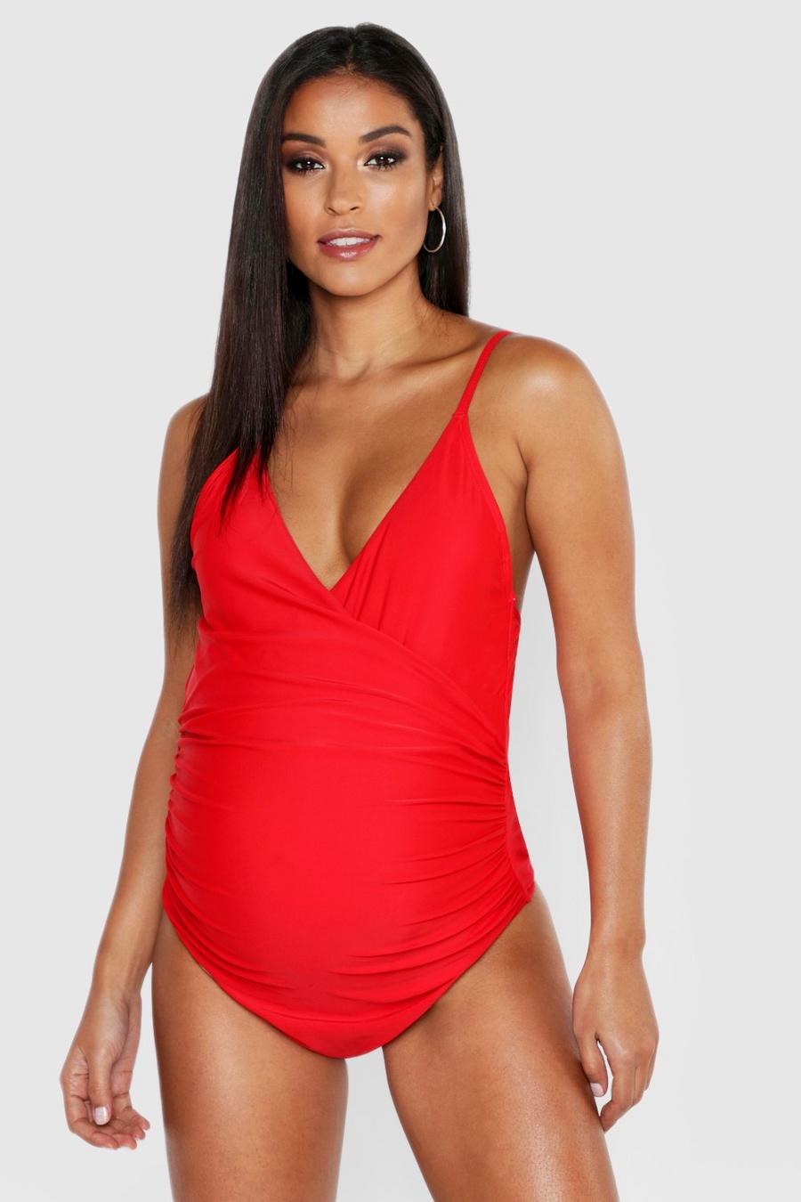 Red röd Maternity Bump Control Wrap Over Swimsuit