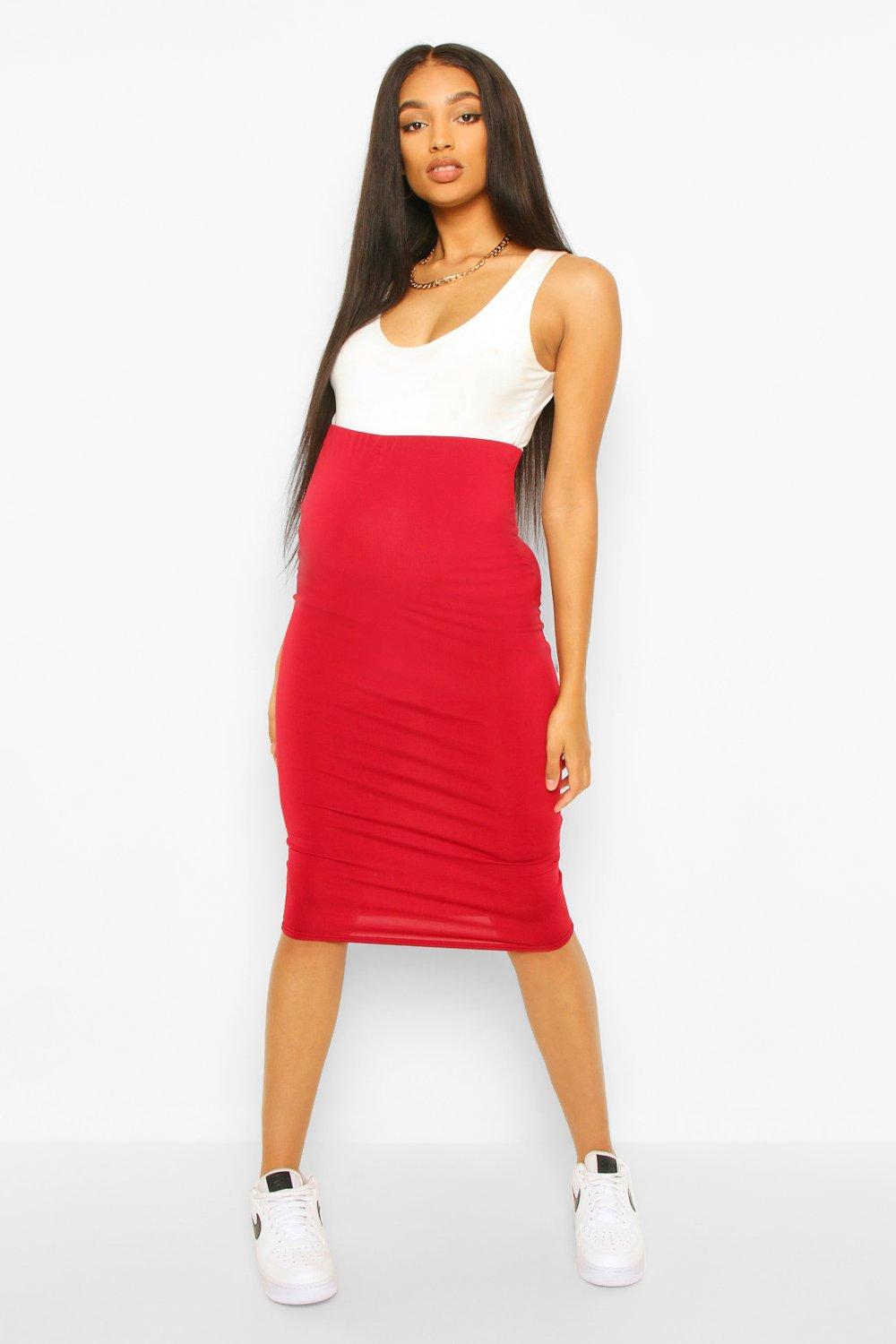 red maternity midi skirt