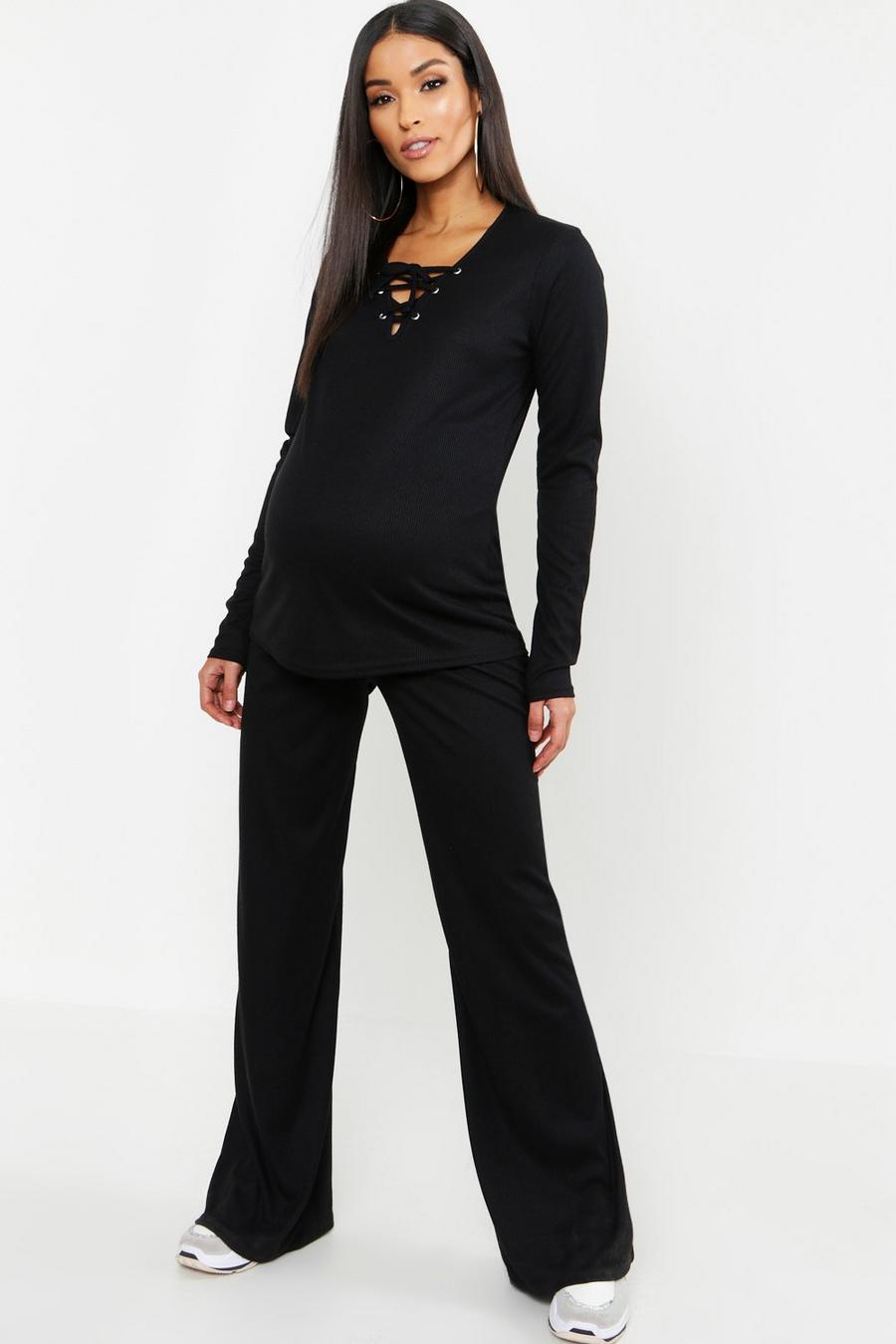 Black Maternity Lace Up Front Loungewear Set image number 1