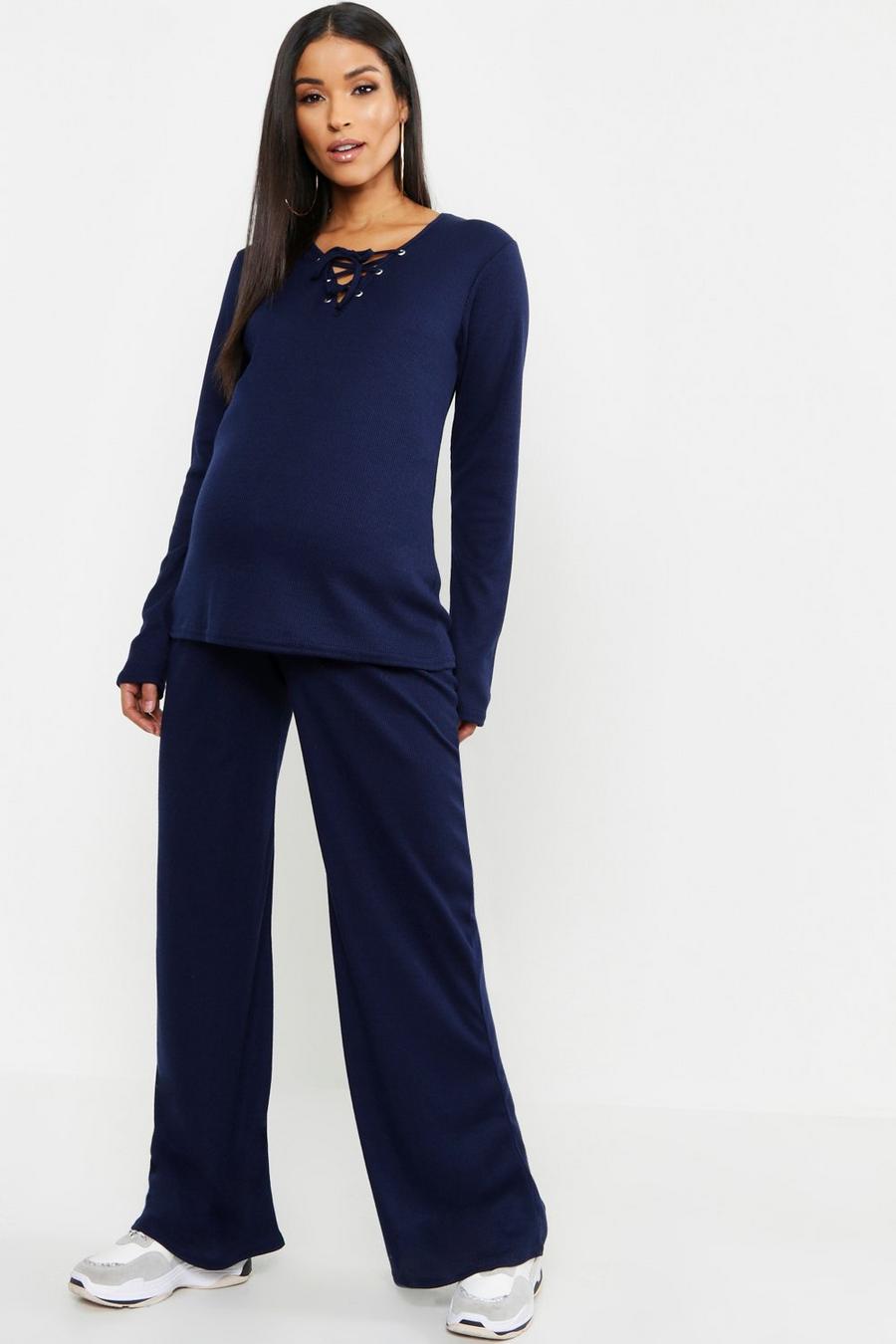 Navy Maternity Lace Up Front Loungewear Set image number 1
