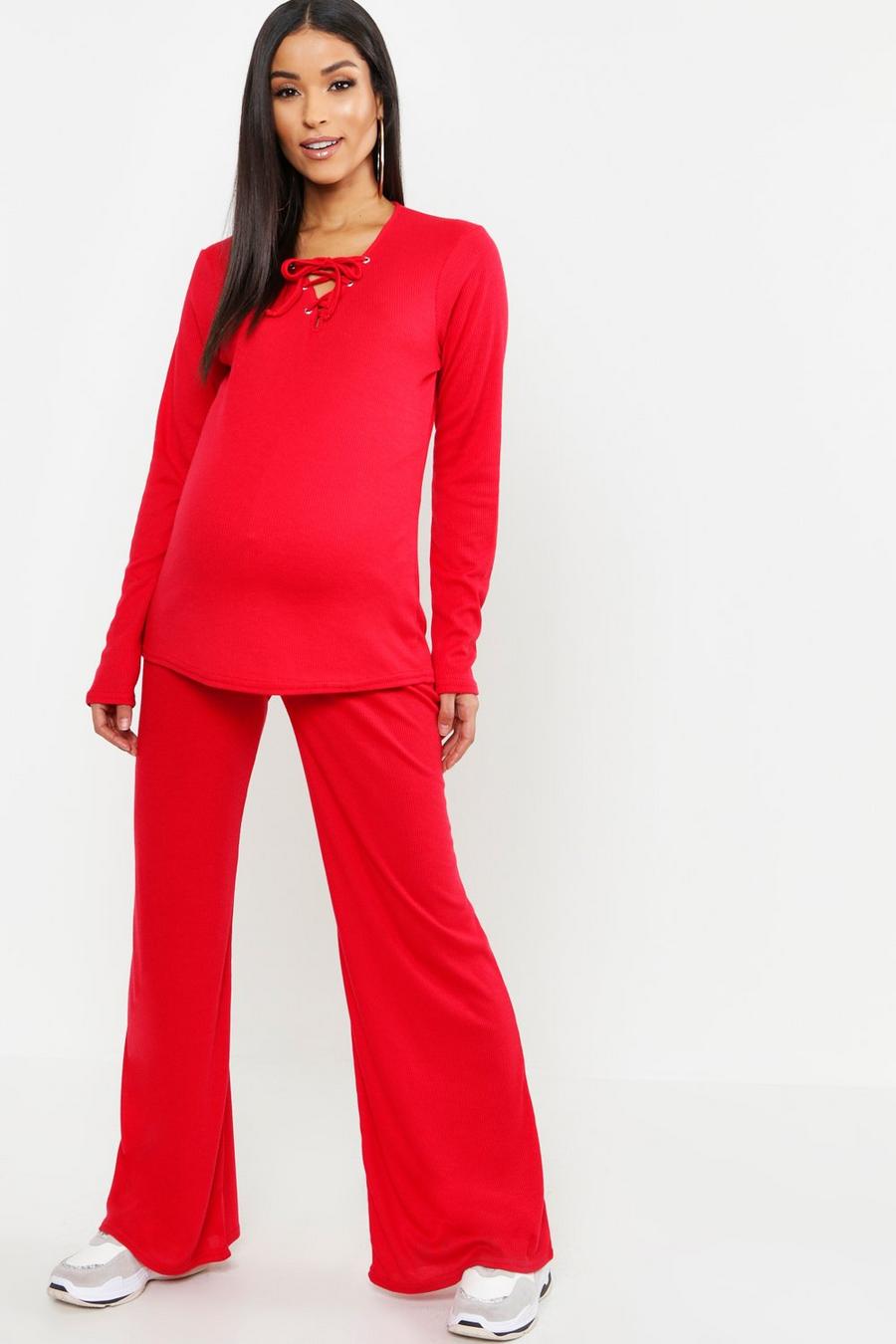 Red Maternity Lace Up Front Loungewear Set image number 1