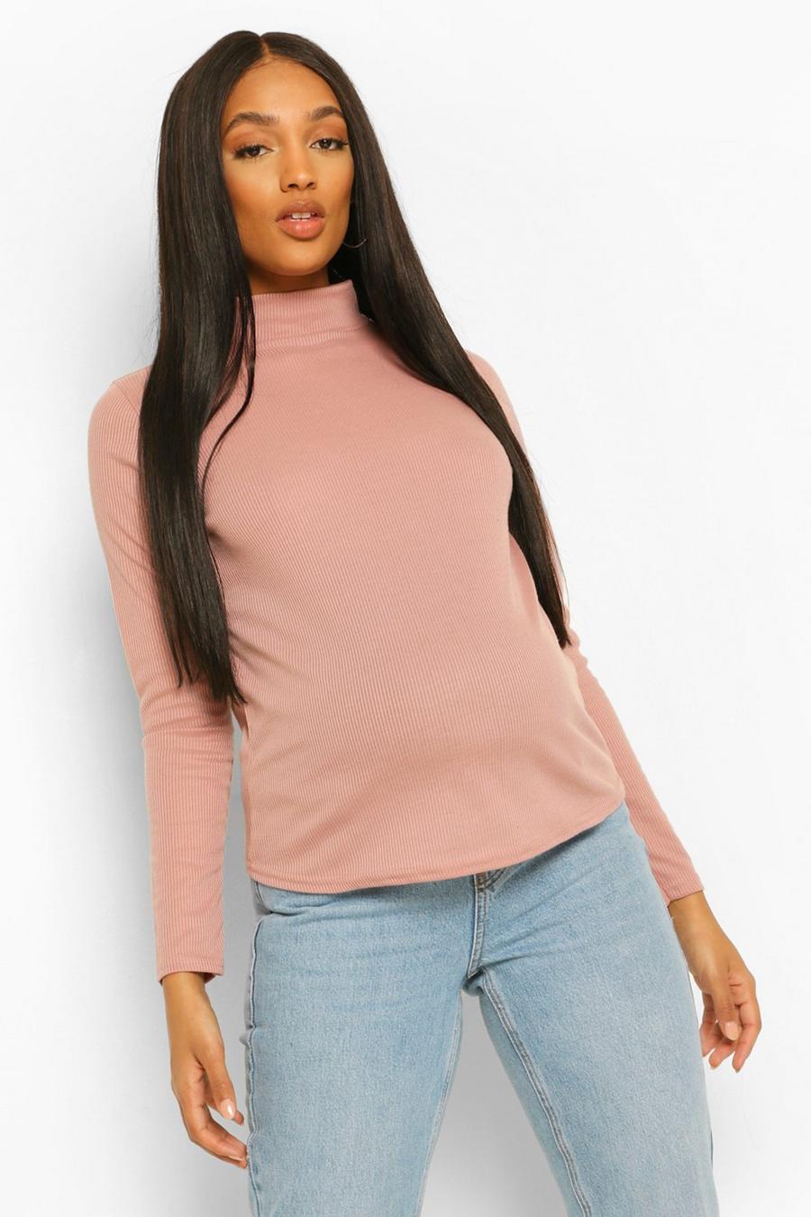 Dusky pink Maternity Roll Neck Rib Top image number 1