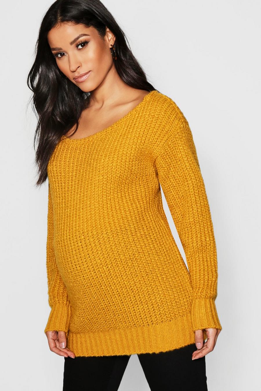 Mustard Maternity Slash Neck Knitted Sweater image number 1