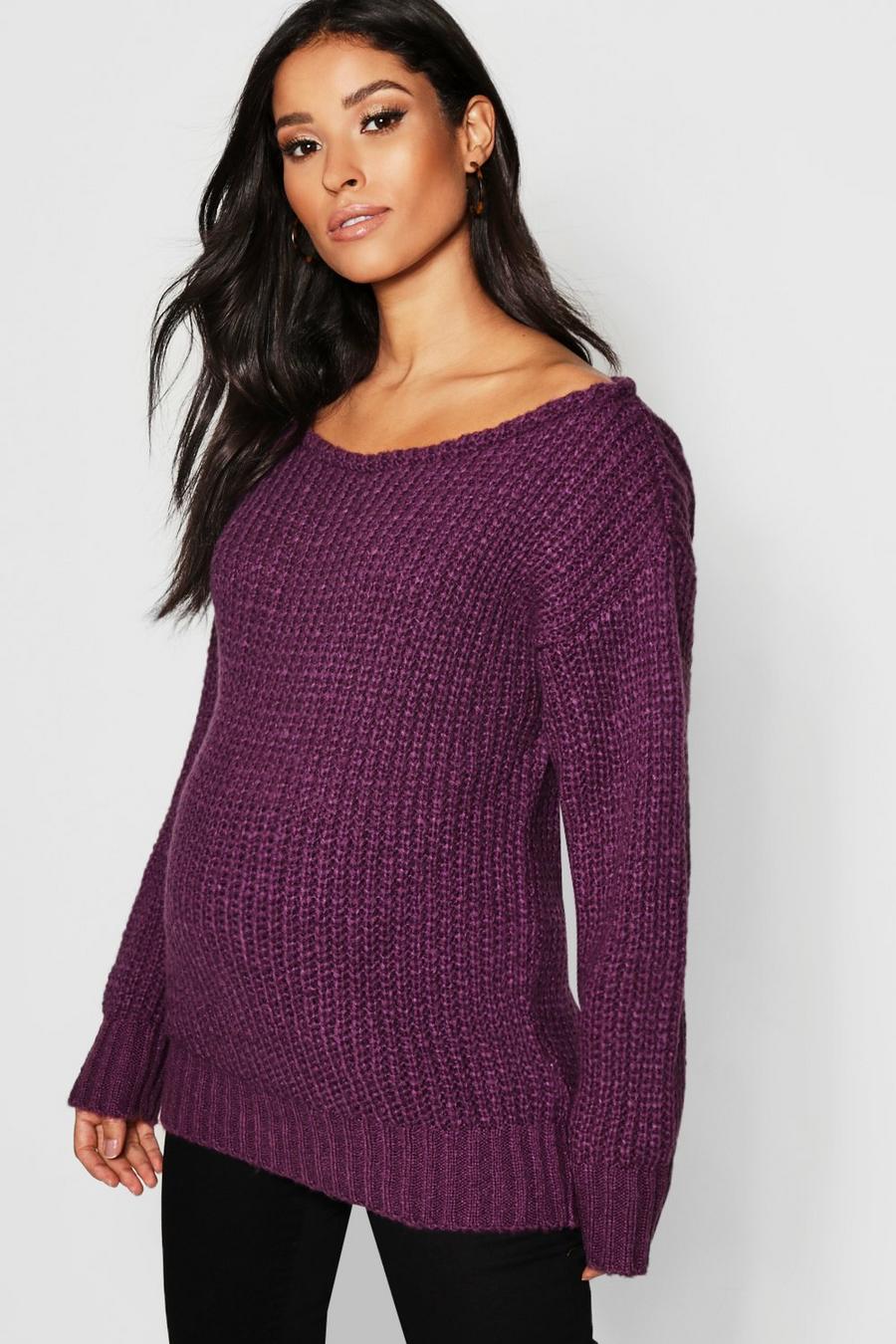 Purple Maternity Slash Neck Knitted Sweater image number 1