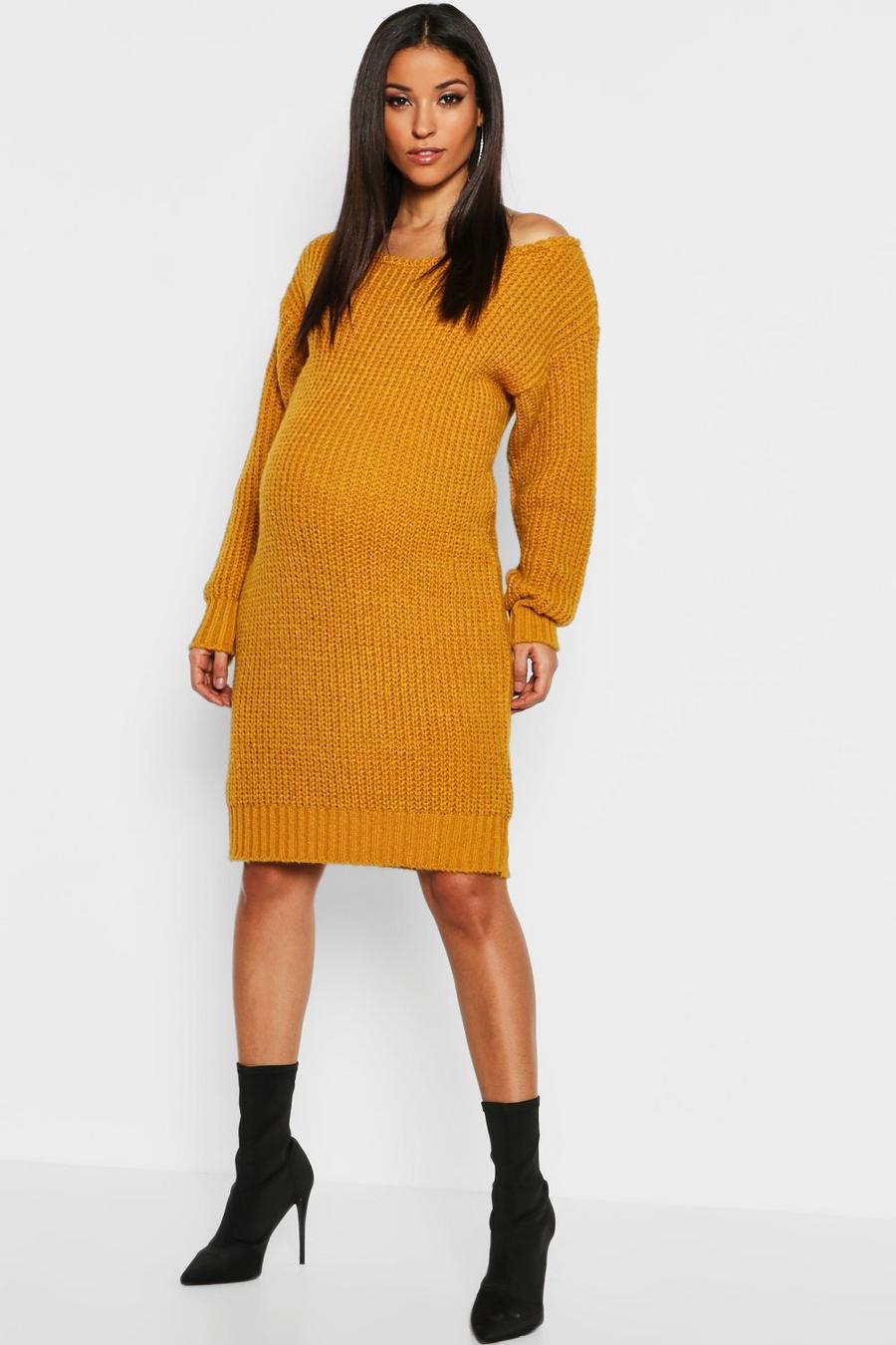 Mustard Maternity Slit Neck Knitted Sweater Dress image number 1