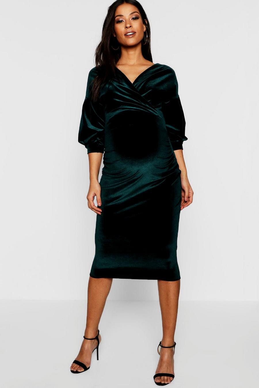 Maternity Velvet Off The Shoulder Wrap Midi Dress | boohoo