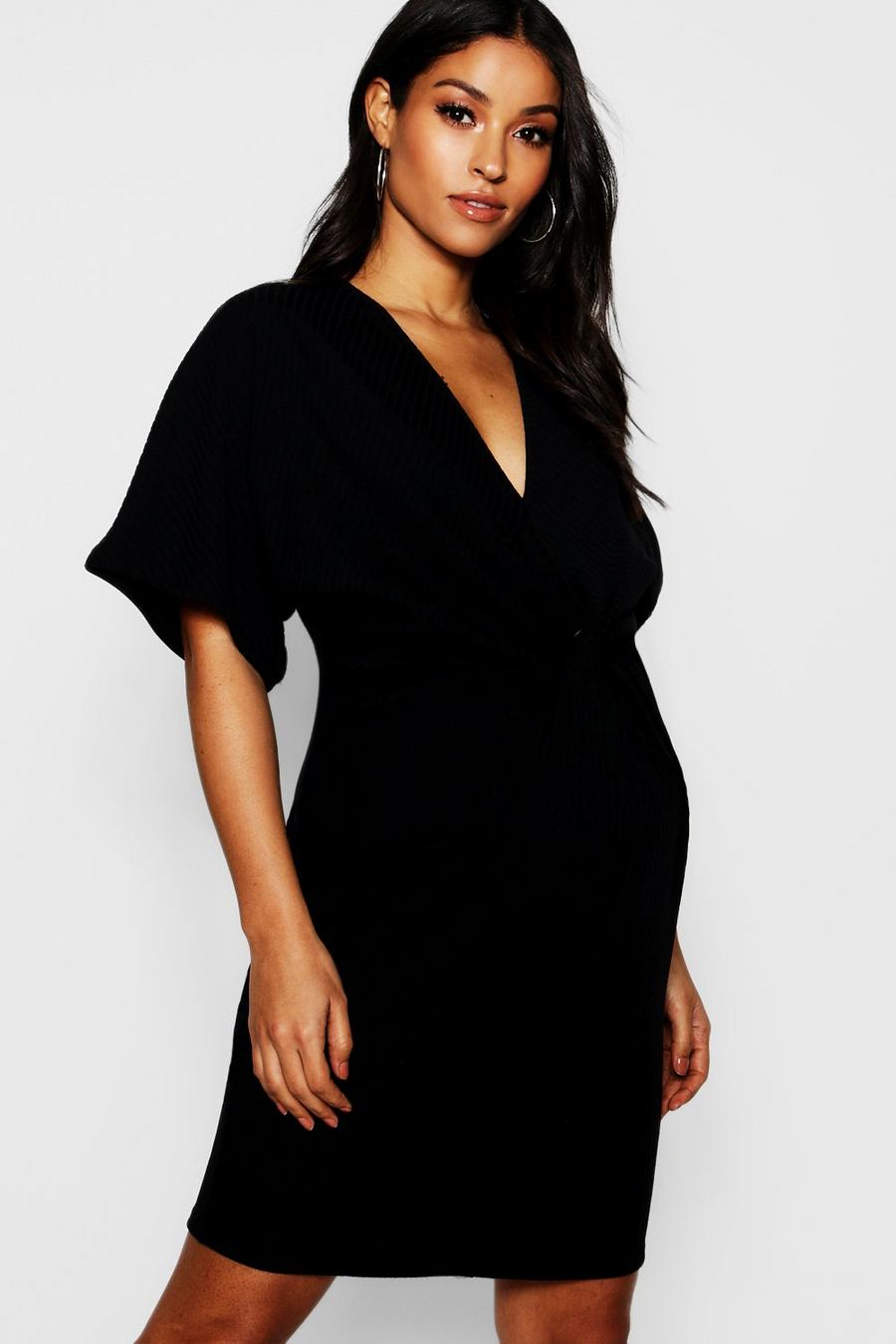 שחור שמלה ארוגה עם שרוולי קימונו ופיתול, בגדי היריון image number 1