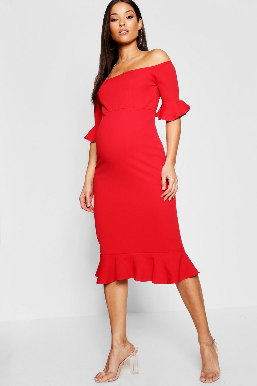 Red Maternity Bardot Frill Hem Midi Dress image number 1