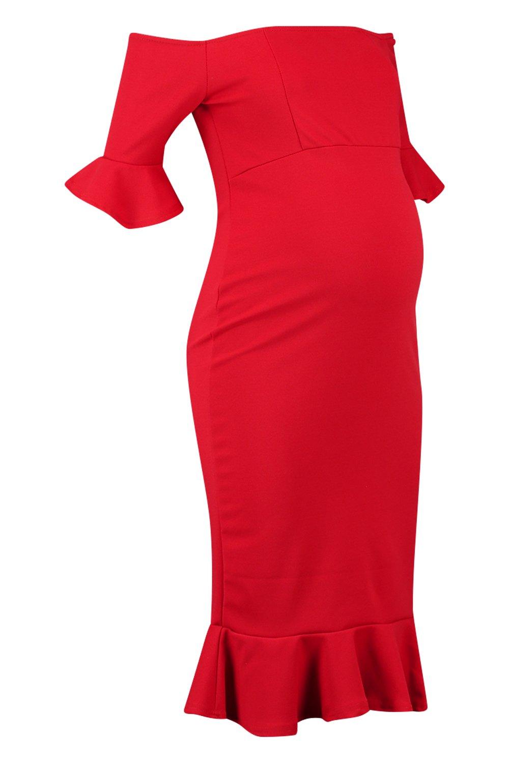 Red bardot frill on sale hem midi dress