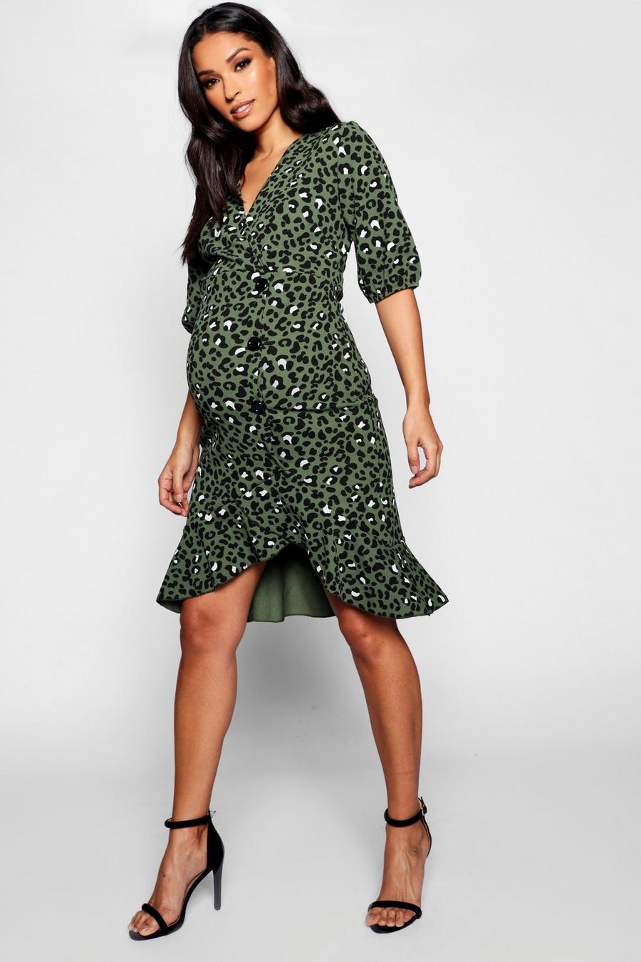 חאקי שמלת מידי מסולסלת בהדפס מנומר עם כפתורים בגדי היריון image number 1