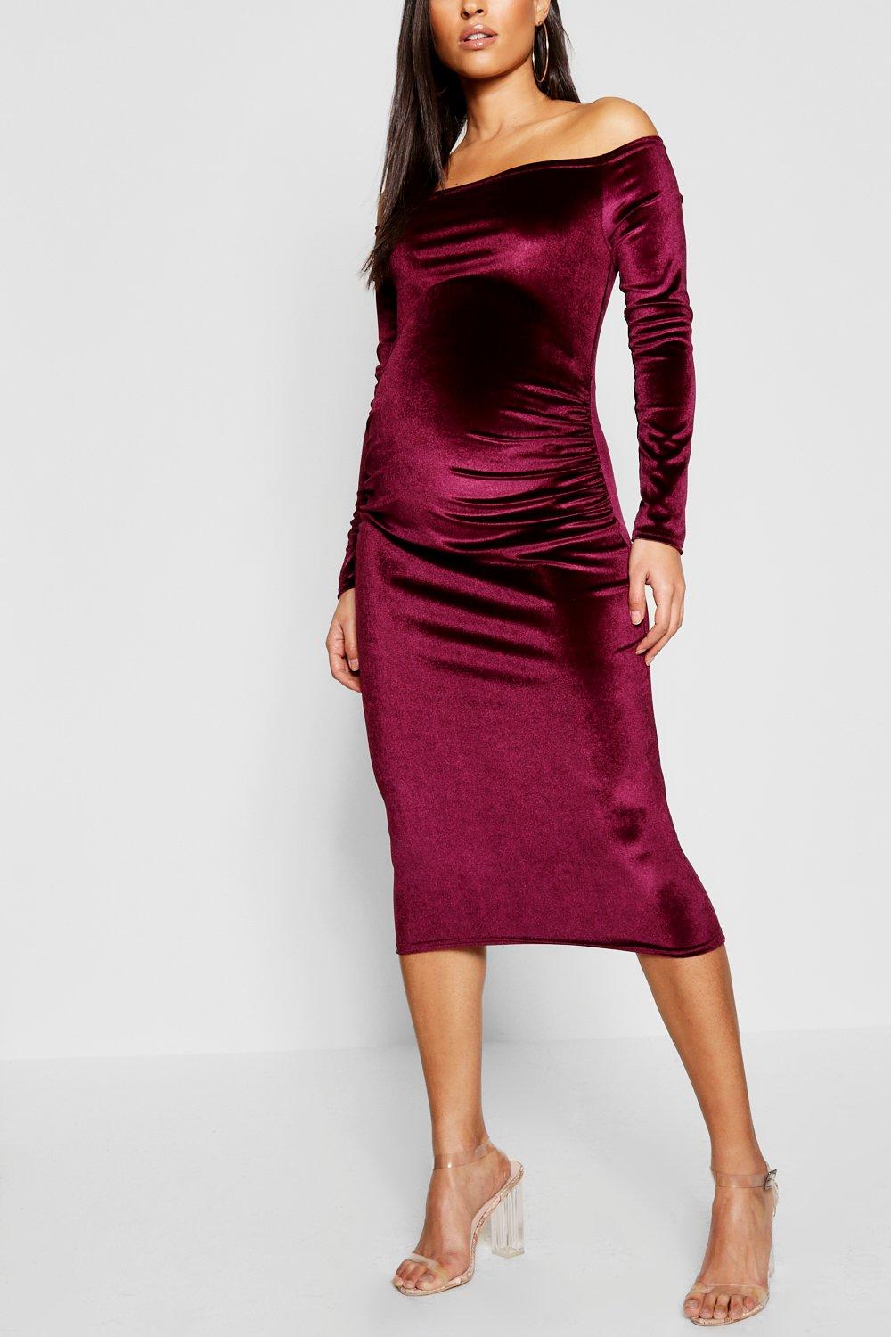 velvet off the shoulder midi dress