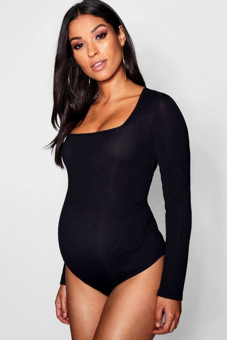 Maternity Long Sleeve Rib Square Neck Bodysuit, Black image number 1