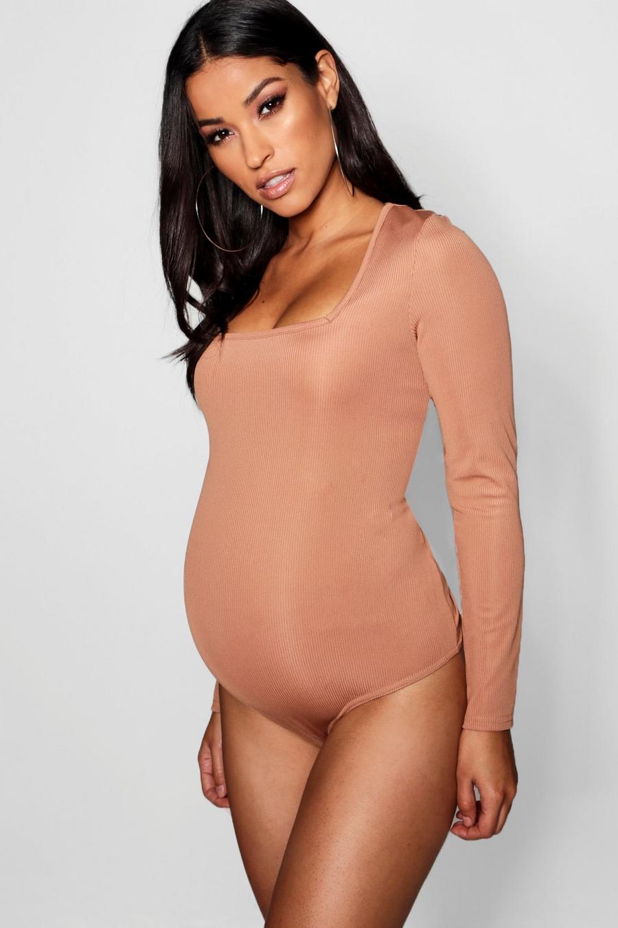 Caramel Maternity Long Sleeve Rib Square Neck Bodysuit image number 1