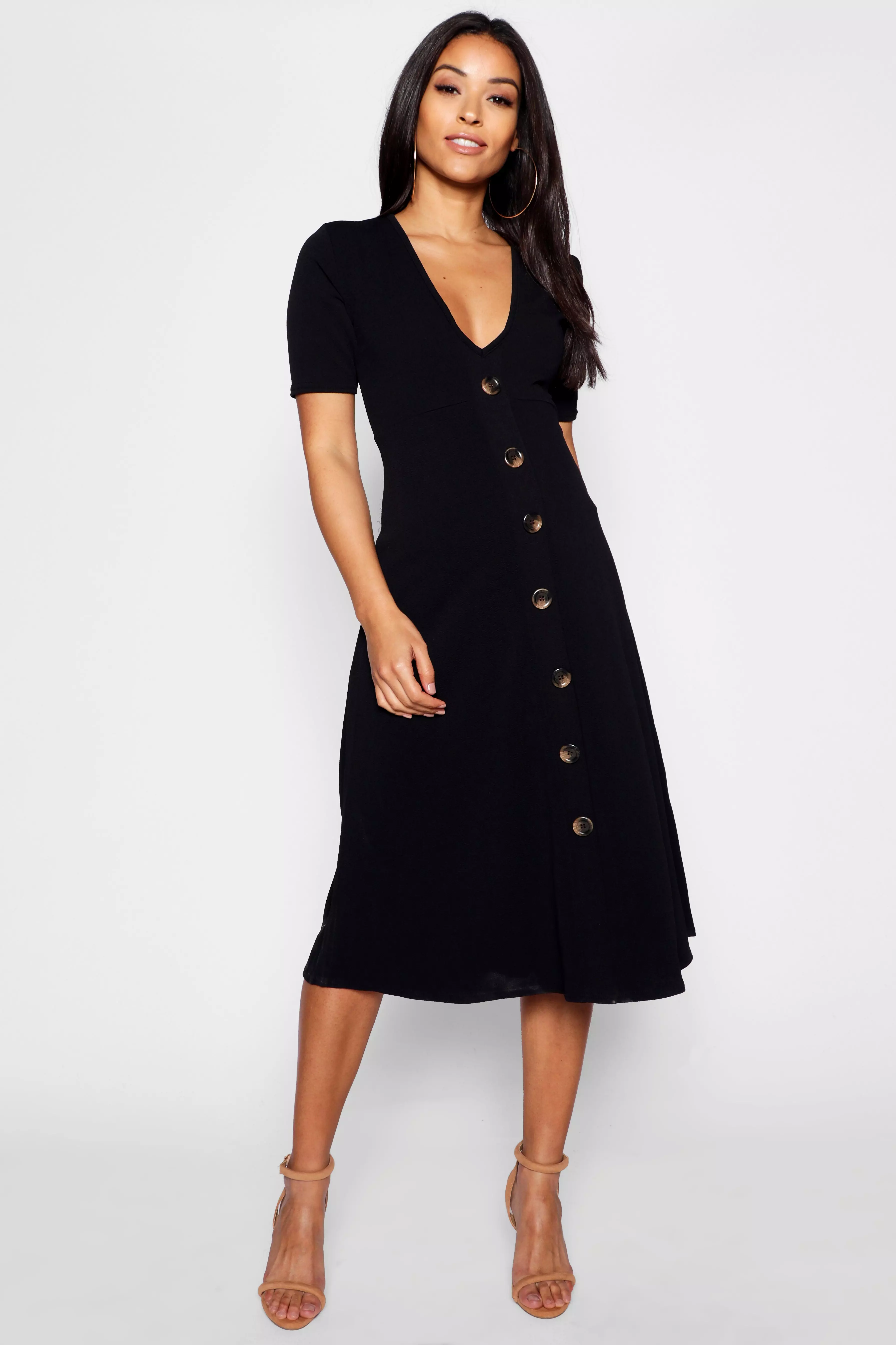 Boohoo black button dress sale