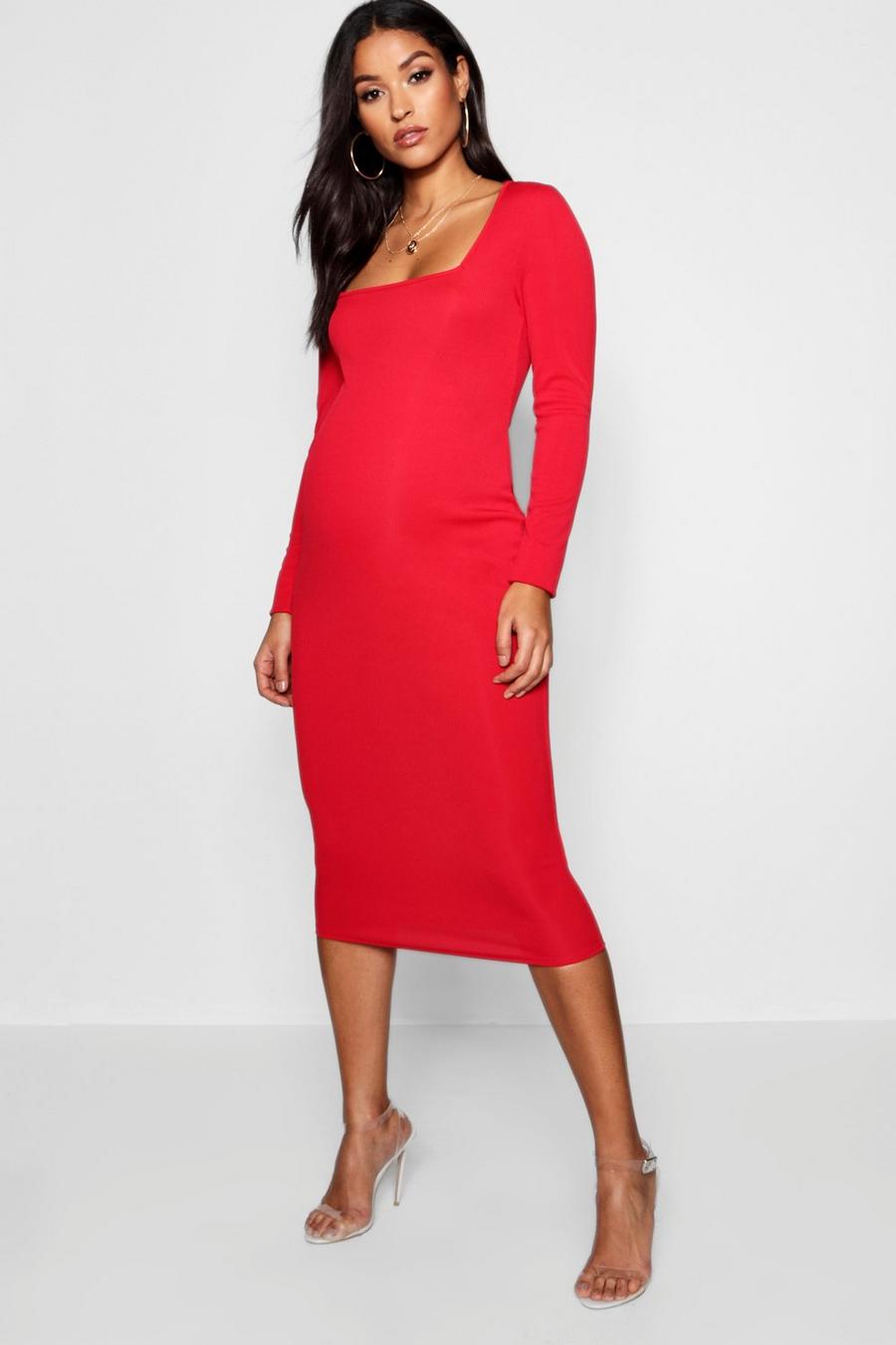 Red rouge Maternity Square Neck Long Sleeve Midi Dress image number 1