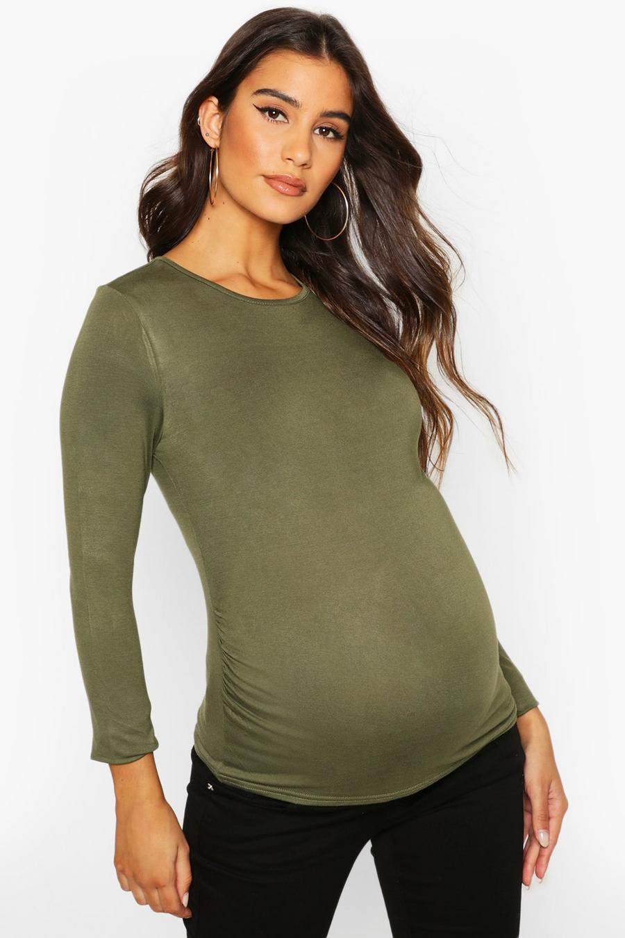 Khaki Maternity Long Sleeve Ruched T Shirt