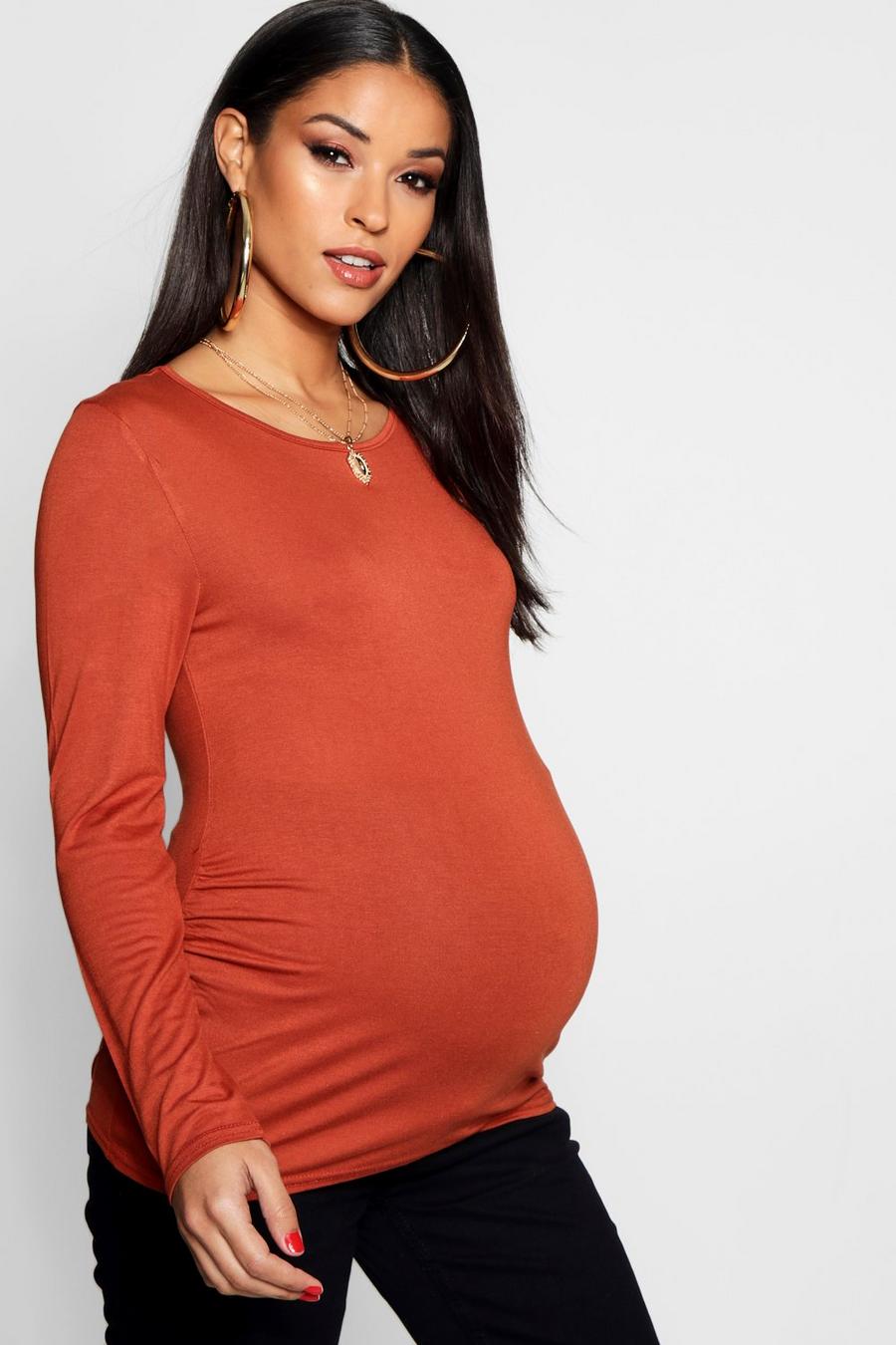 Rust Maternity Long Sleeve Ruched T Shirt image number 1