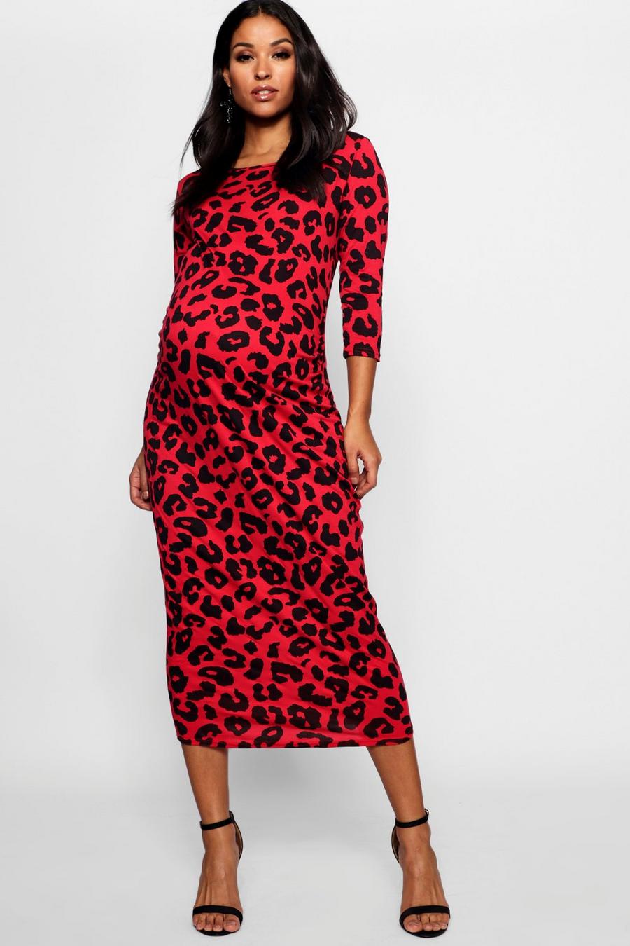Red Maternity Leopard Print Midi Dress