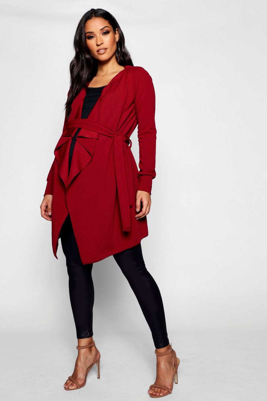 Wine Maternity Waterfall Belted Duster Jacket image number 1