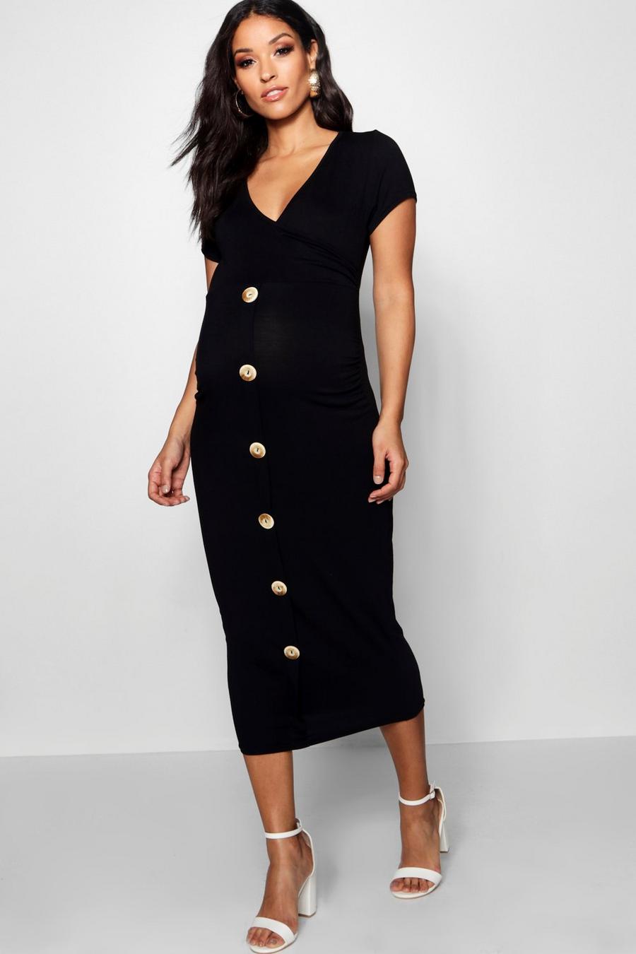 Black Maternity Wrap Front Horn Button Midi Dress image number 1