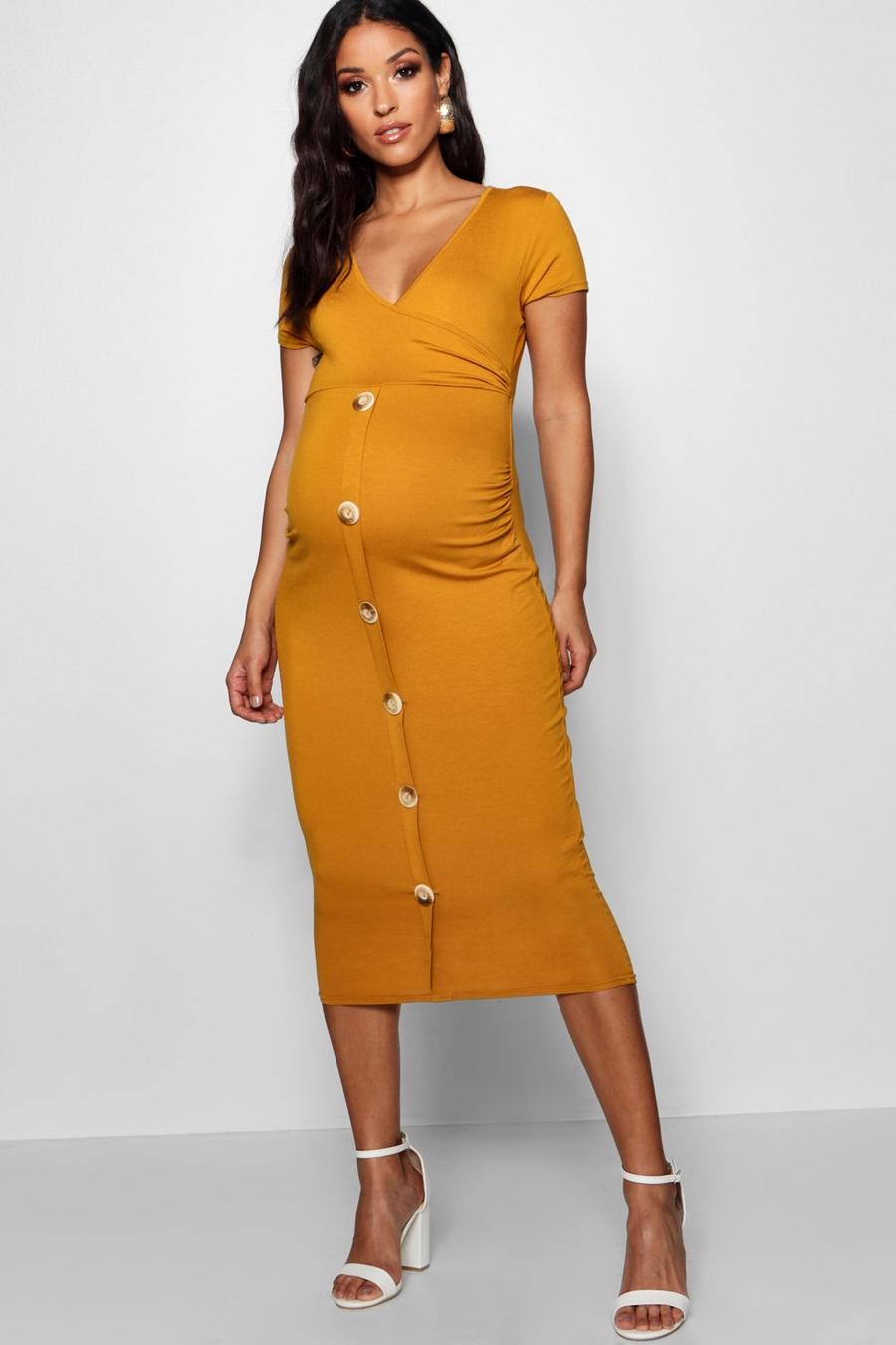 Mustard Maternity Wrap Front Horn Button Midi Dress image number 1