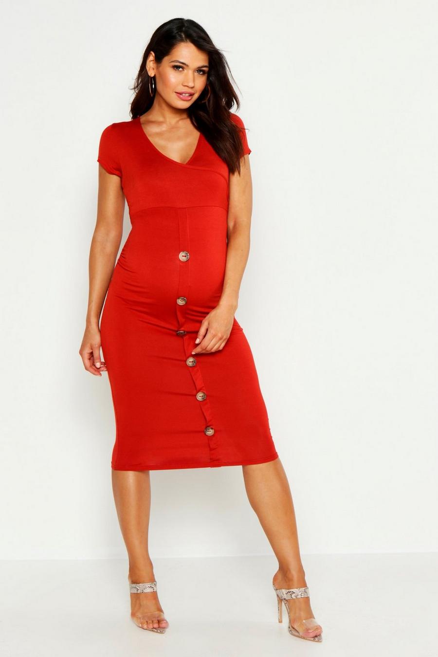 Rust Maternity Wrap Front Horn Button Midi Dress image number 1