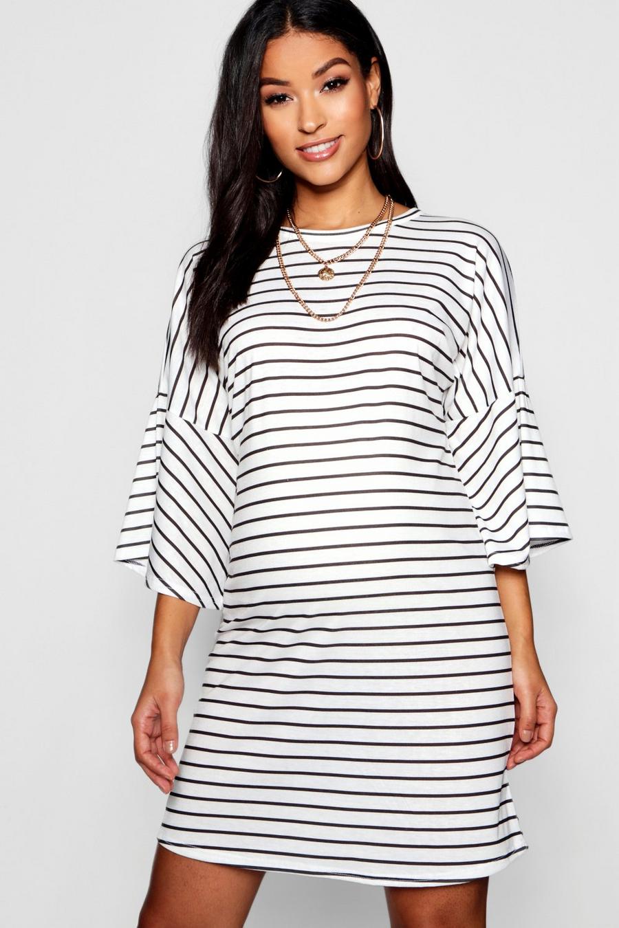 Black Maternity Mono Stripe Frill Sleeve Tshirt Dress image number 1