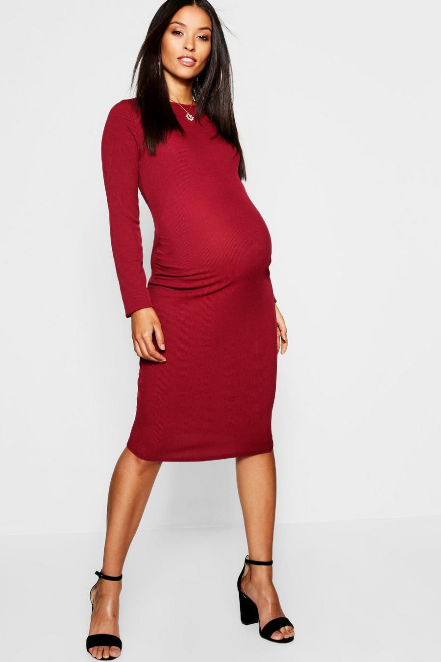 Maternity Long Sleeve Basic Rib Crew Bodycon Dress, Cranberry image number 1