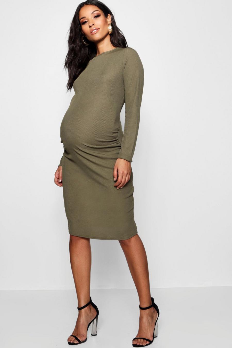 Khaki Maternity Long Sleeve Basic Rib Crew Bodycon Dress image number 1