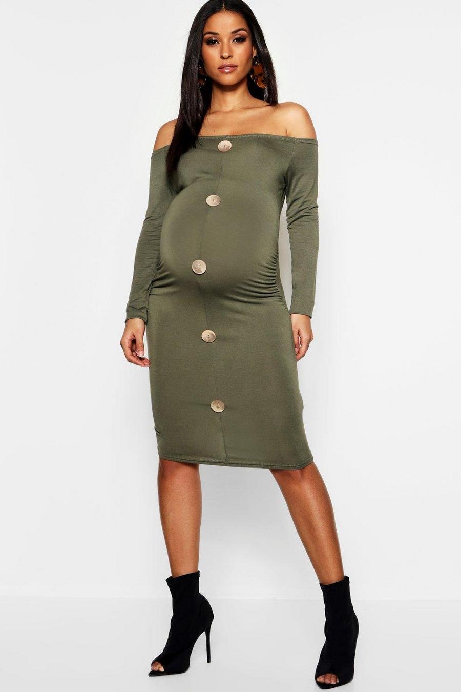 Maternity Off The Shoulder Horn Button Bodycon Dress image number 1