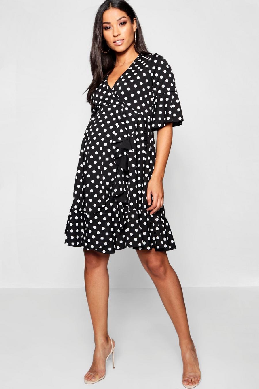 Black Maternity Spot Frill Wrap Dress image number 1