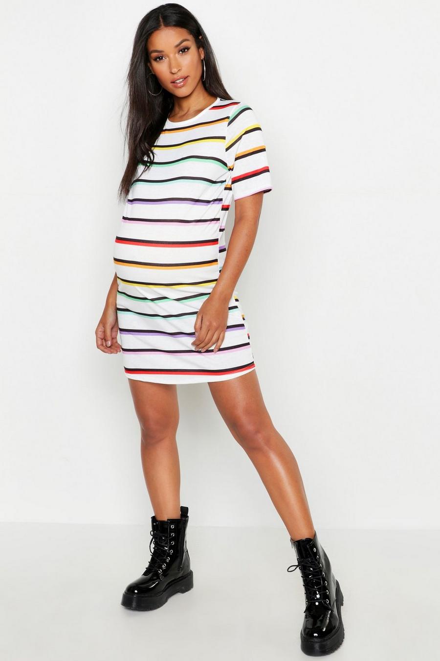 White Maternity Rainbow Stripe T-Shirt Dress image number 1