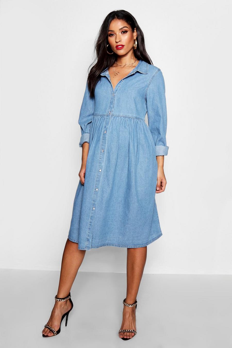 Blue Maternity Button Through Smock Dress image number 1
