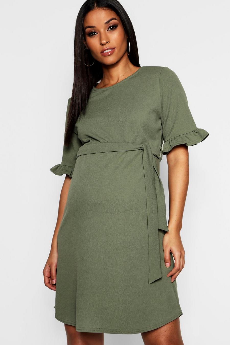 Maternité - Robe de grossesse à volants nouée à la taille, Kaki image number 1