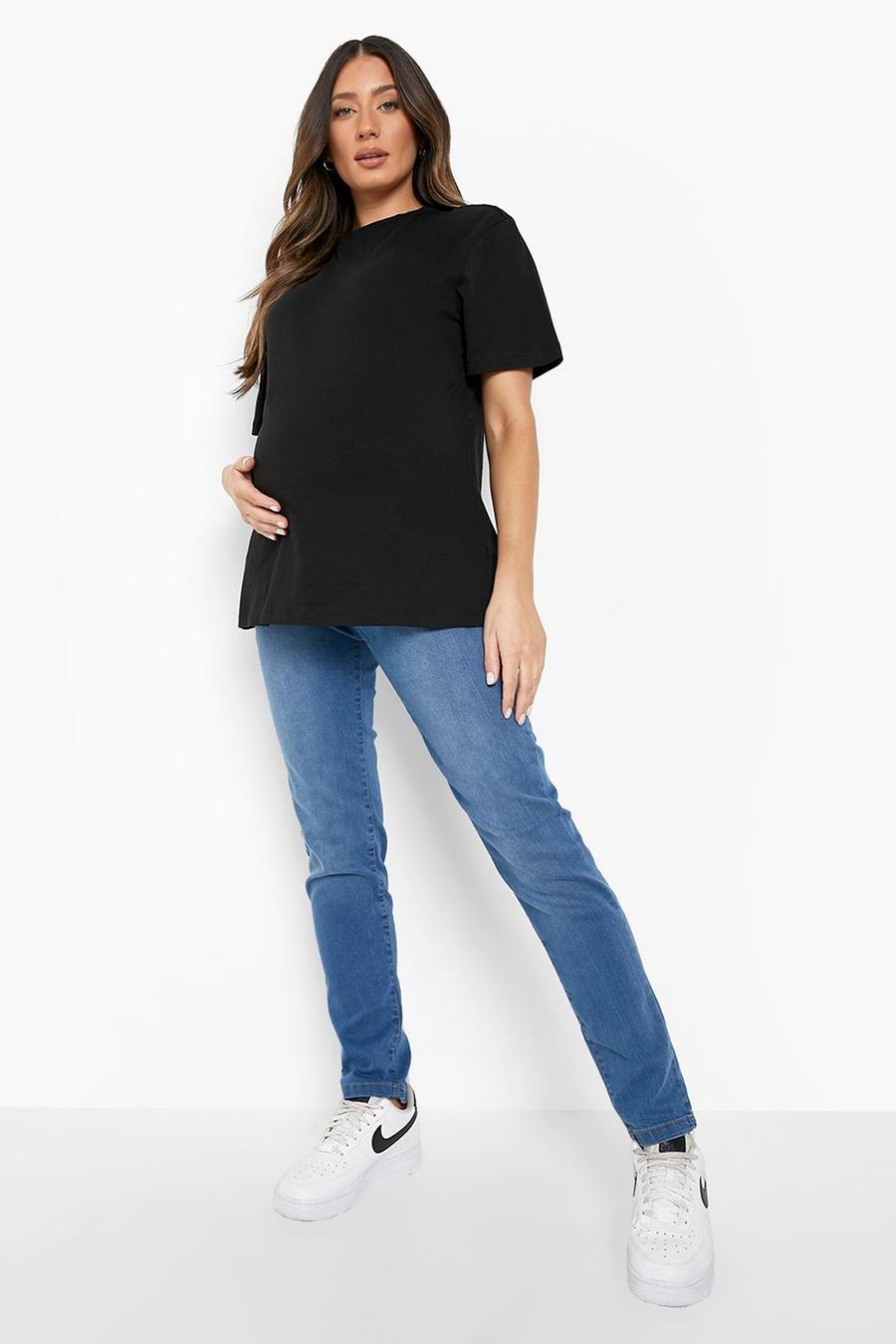 כחול ביניים סקיני ג'ינס מעל לבטן בגדי היריון image number 1