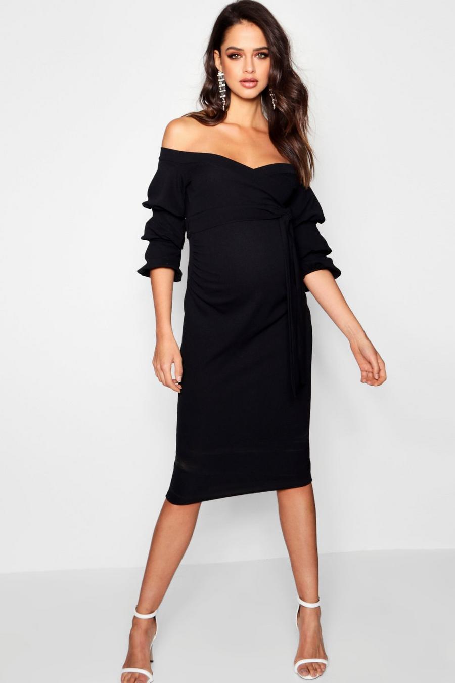 שחור black שמלת מידי חשופת כתפיים עם שרוולים מעוטרים בגדי היריון image number 1