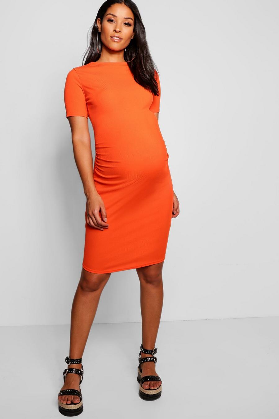 Orange Maternity  Basic Rib Crew Bodycon Dress image number 1