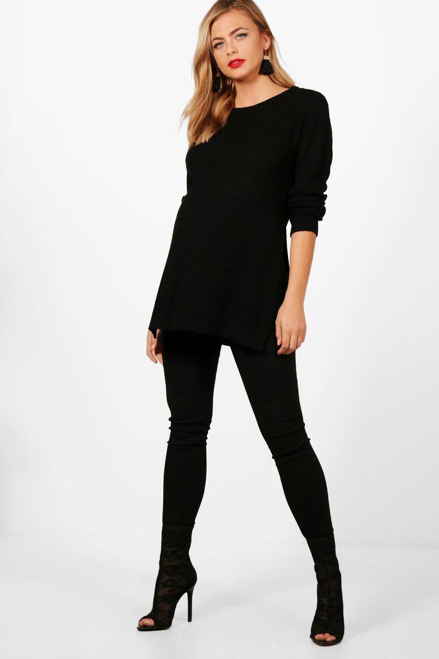 שחור סוודר שסע צידי עם תפרי מוס בגדי היריון image number 1