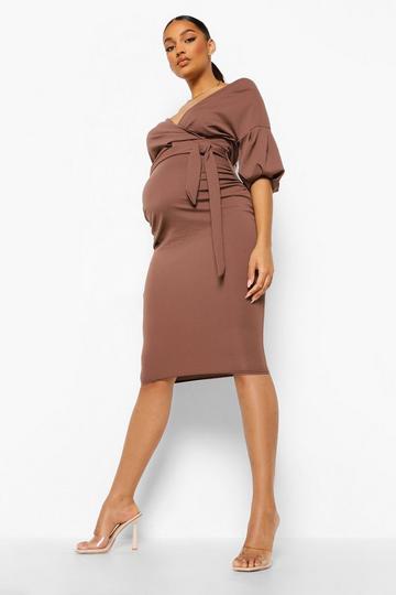 Mocha Beige Maternity Off The Shoulder Wrap Midi Dress