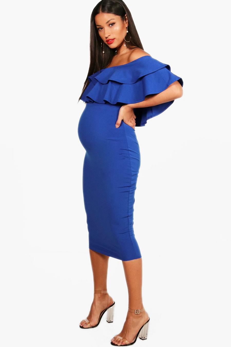 Maternity  Ruffle Off The Shoulder Midi Dress, Cobalt image number 1