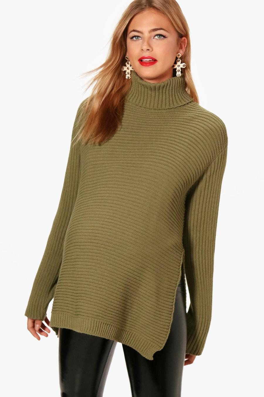 Khaki Maternity Turtleneck Sweater With Side Split