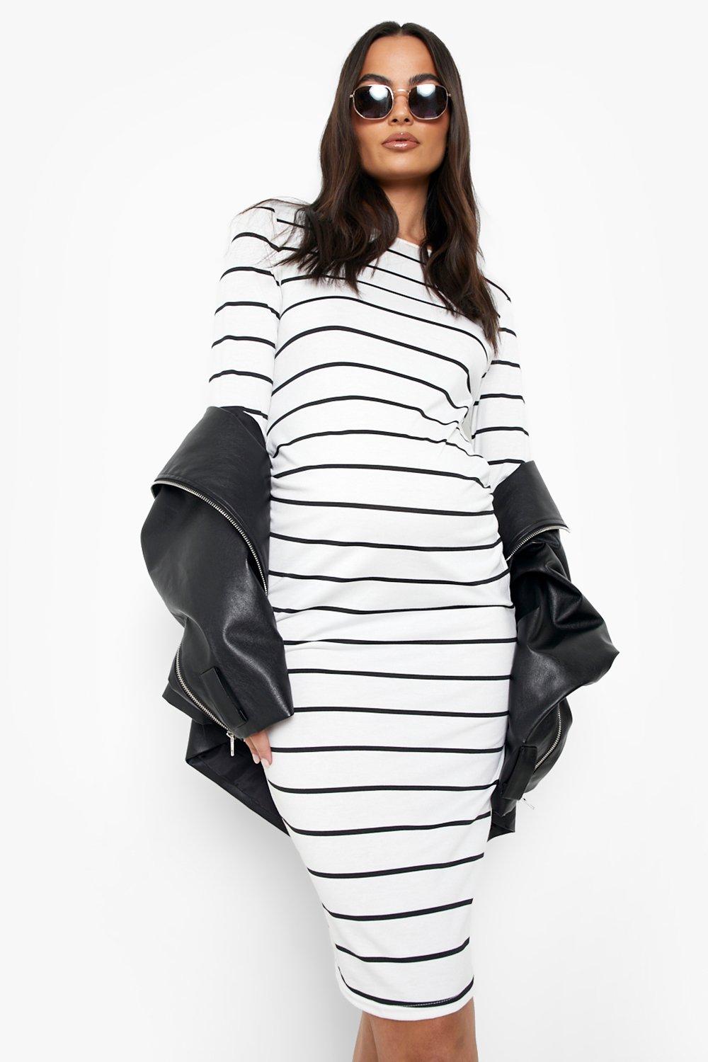 Maternity Striped 3/4 Sleeved Midi Dress