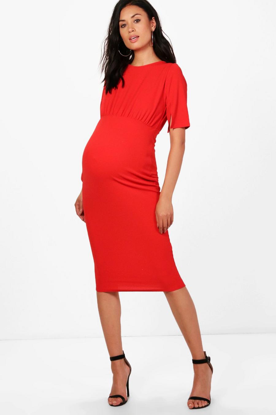 אדום שמלת מידי בגזרה צמודה להיריון עם שסעים בשרוולים image number 1