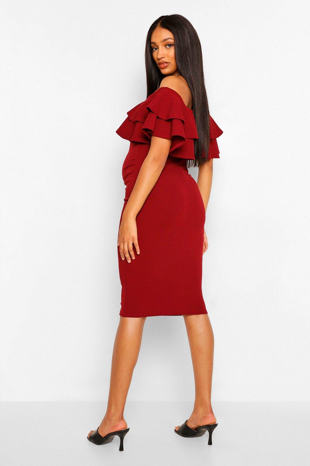 maternity ruffle off the shoulder midi dress