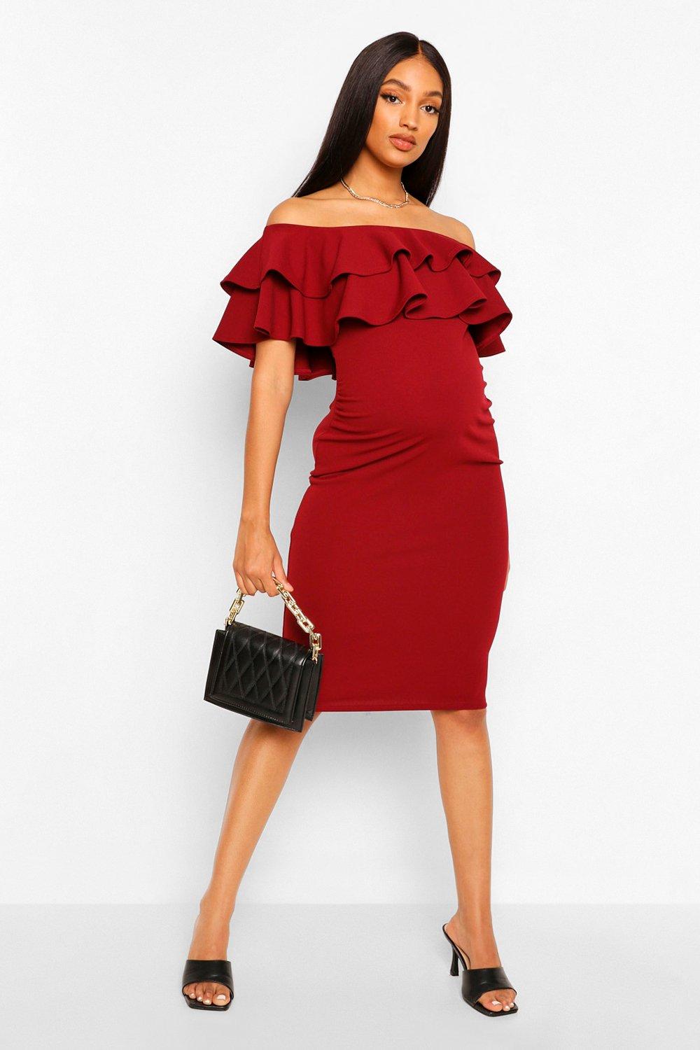 maternity ruffle off the shoulder midi dress