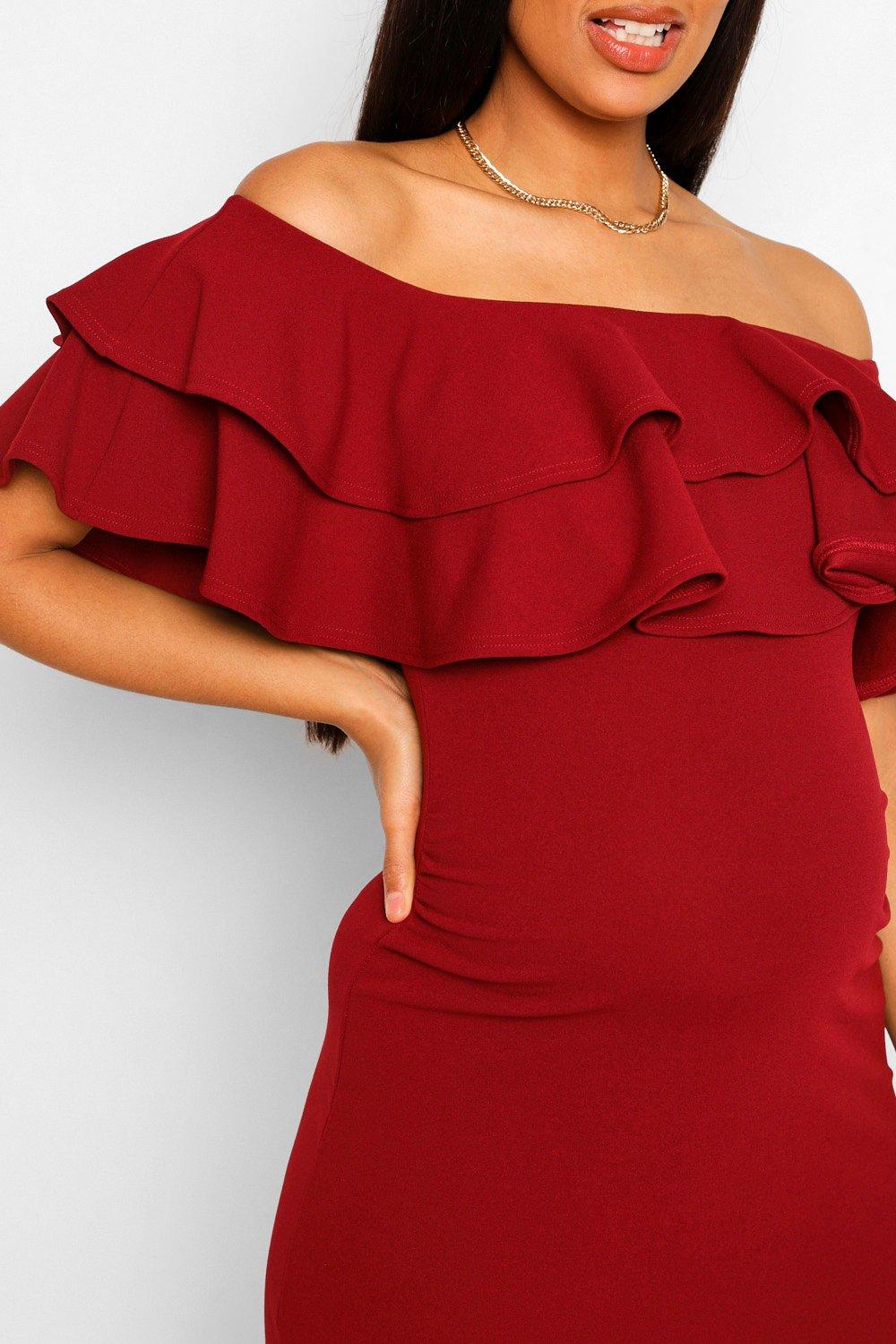 maternity ruffle off the shoulder midi dress