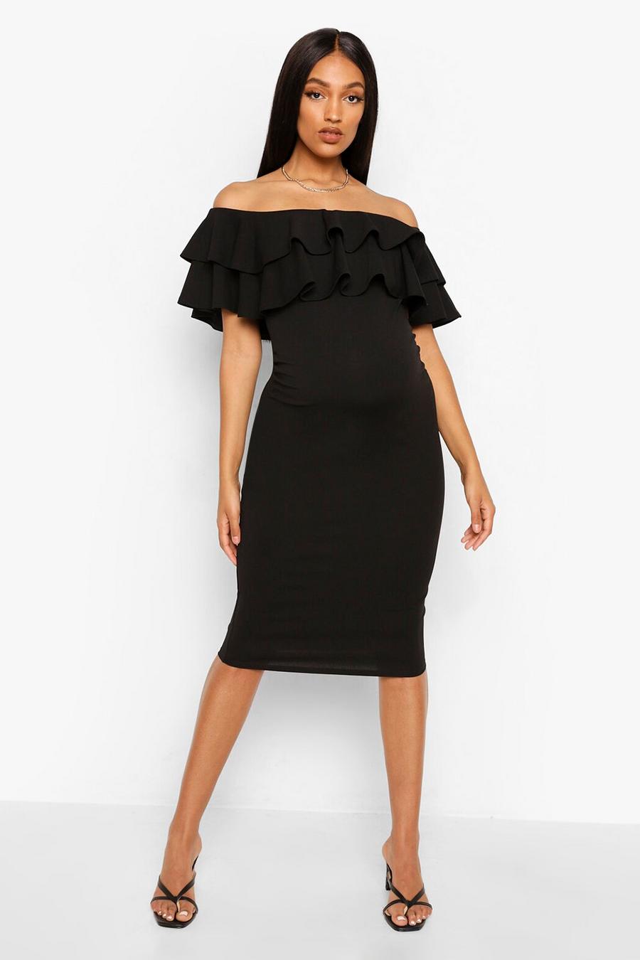 Black Maternity  Ruffle Off The Shoulder Midi Dress