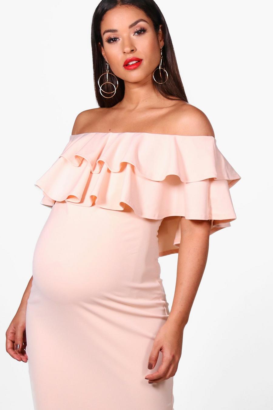 Maternité - Robe de grossesse à épaules dénudées et volants, Blush image number 1
